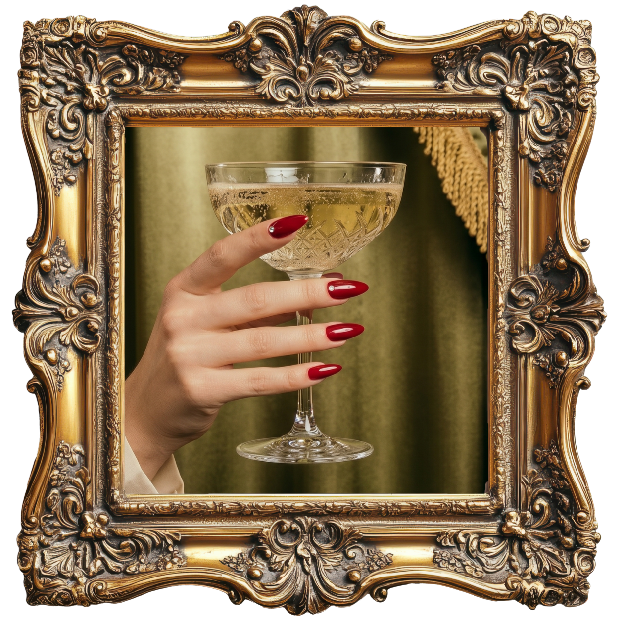 A hand with red painted nails holding a vintage champagne coupe glass, seen through an ornate gold decorative frame. The background is green with a curtain.