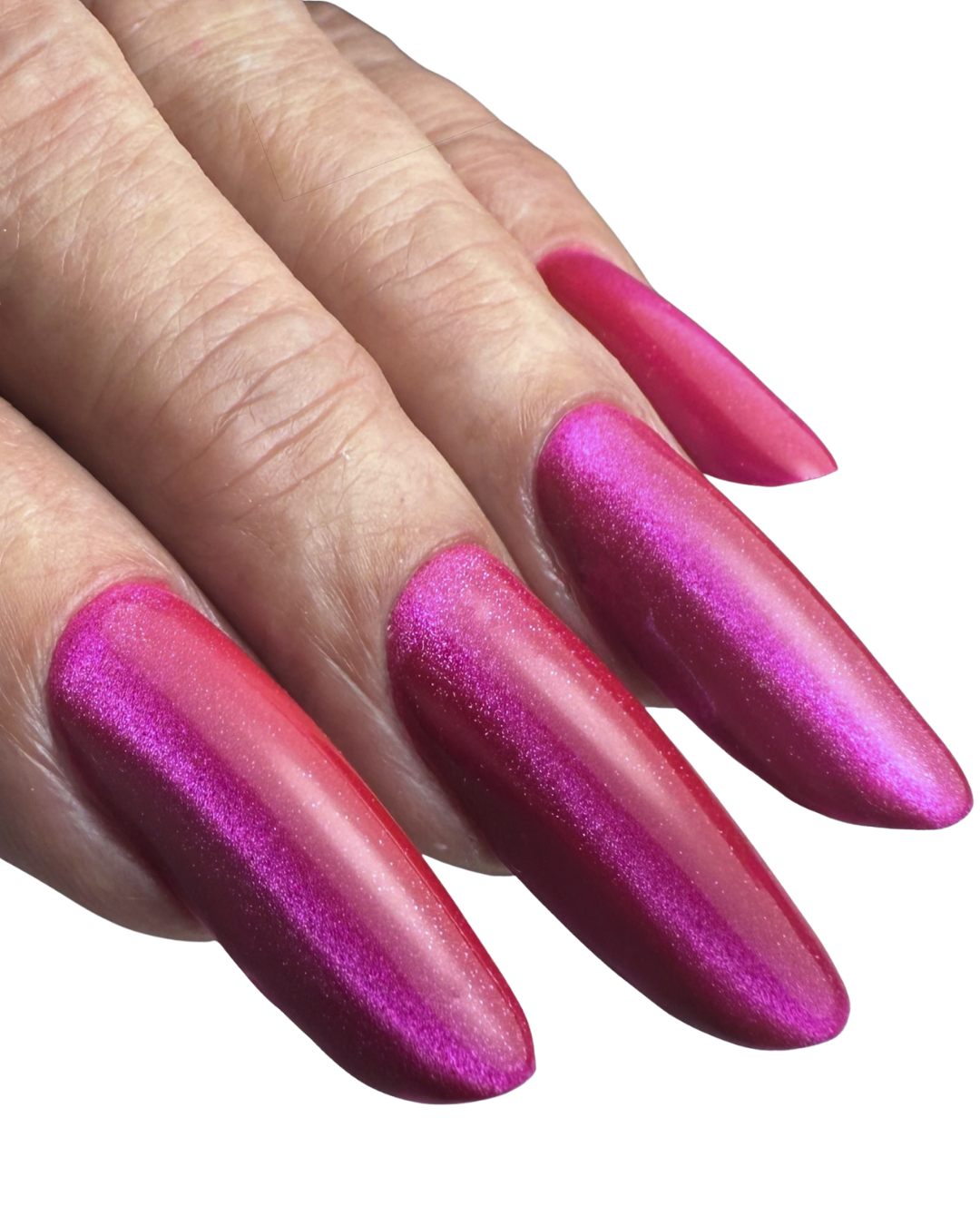 Close-up of a hand with long, almond-shaped gel nails painted with pink cat eye gel polish and a Russian manicure.