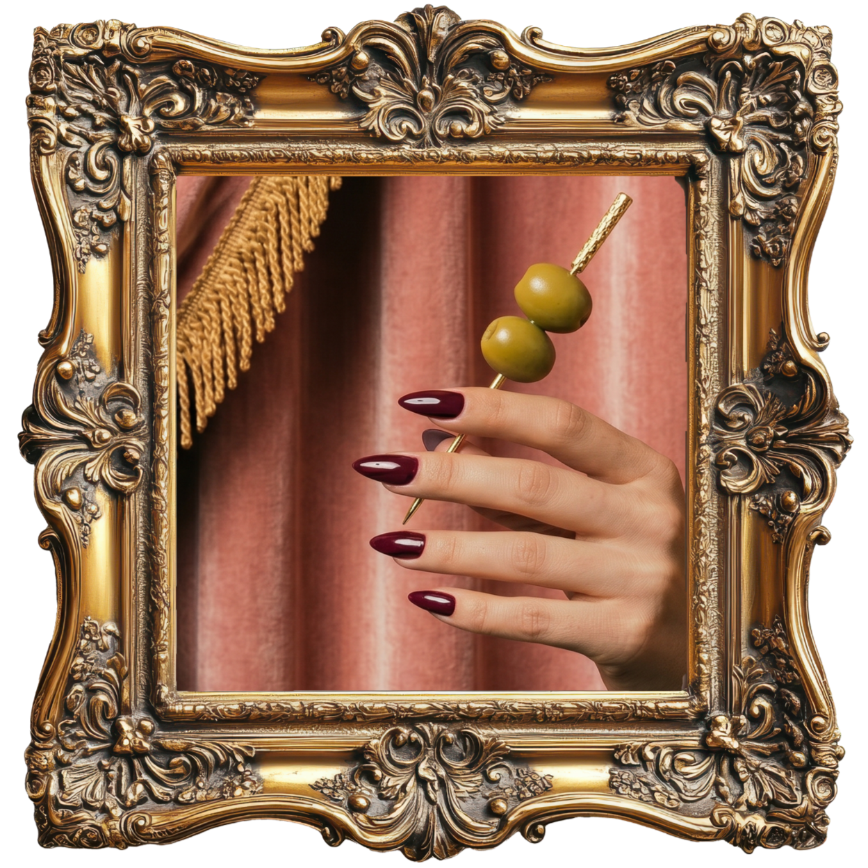 A person's hand with dark red nail polish holds a gold skewer with two green olives, framed by an ornate gold picture frame, against a background of pinkish fabric with gold fringe.