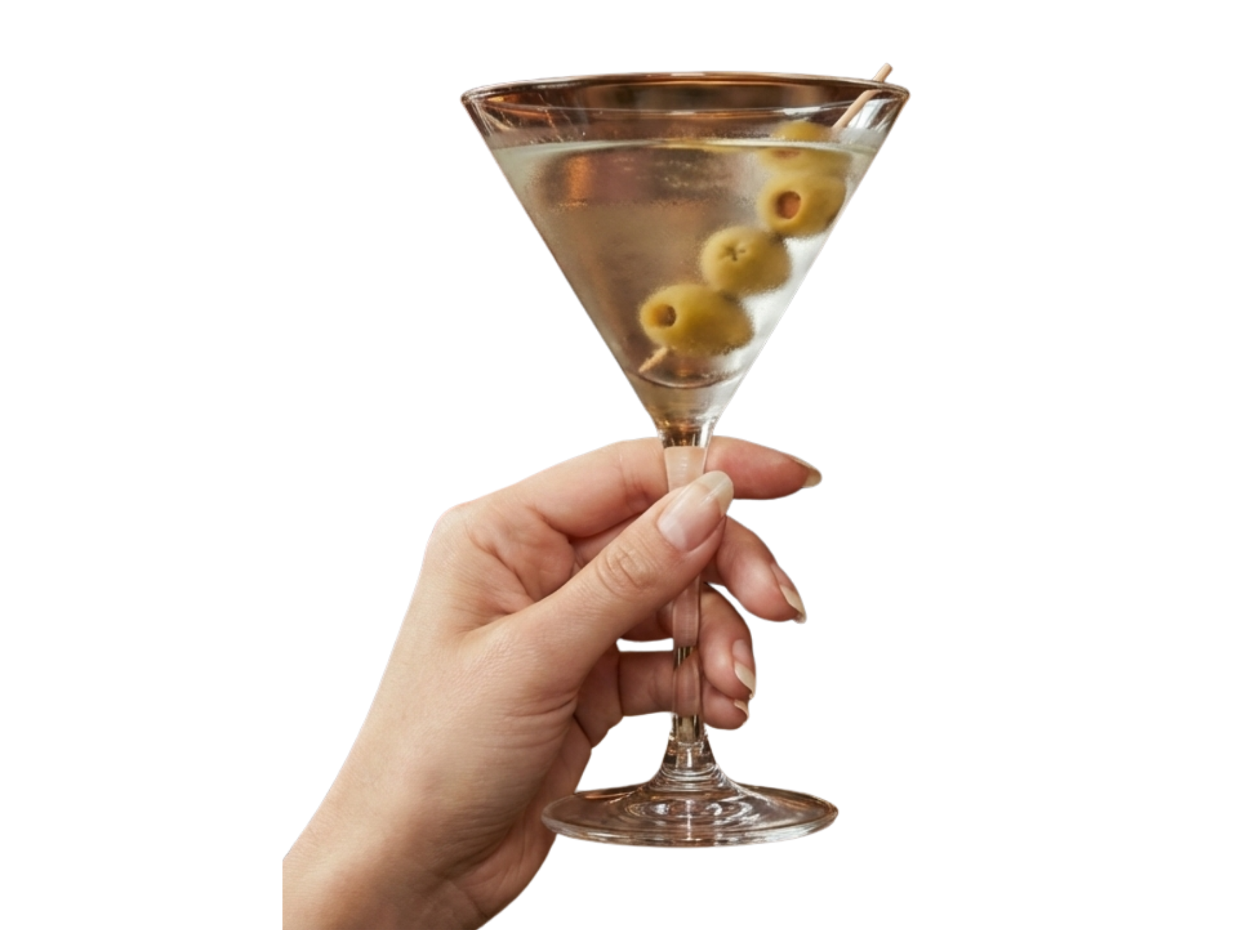 A hand holding a martini glass filled with a clear drink, garnished with green olives.