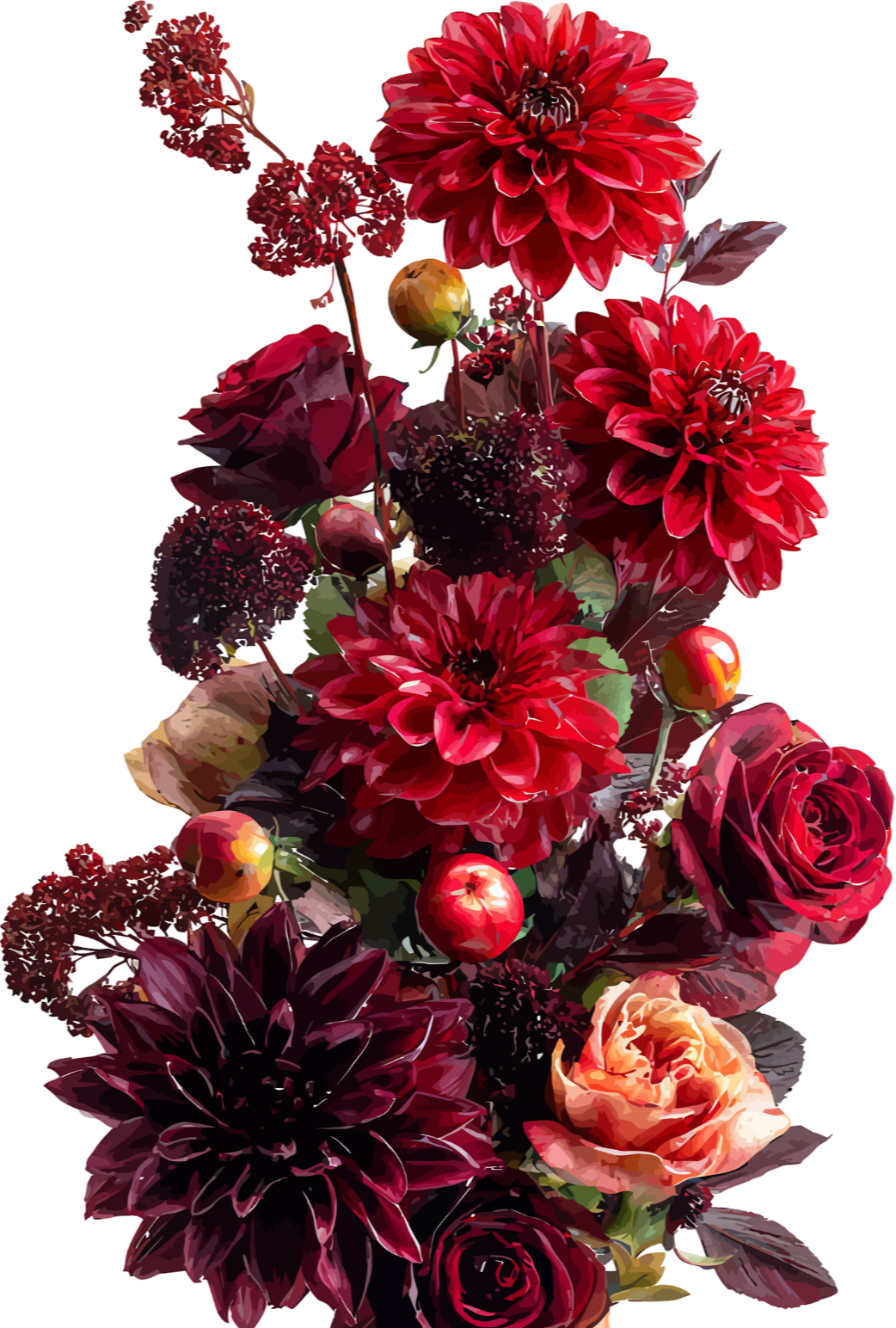 A vibrant bouquet of red and dark burgundy flowers, including dahlias, roses, and other blossoms, with small apples and dark leaves interspersed.
