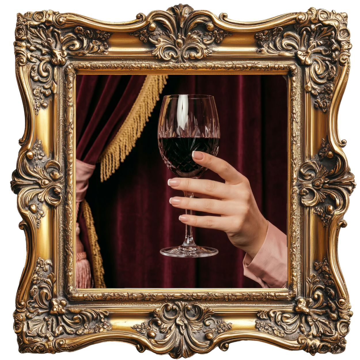 A person holding a glass of red wine through a decorative gold picture frame, with a background of dark red velvet curtains and gold tassel trim.
