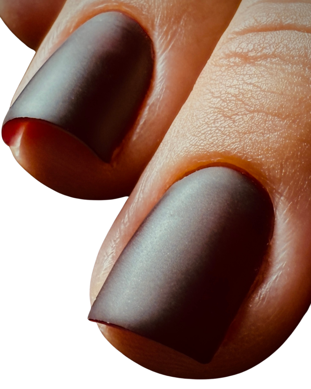 Close-up of a Russian manicure painted with dark red gel polish.