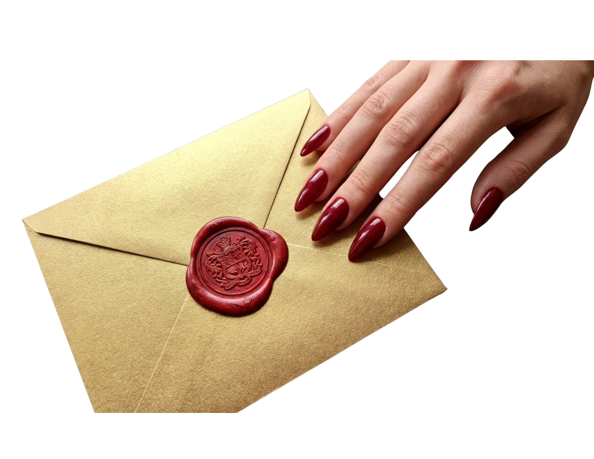 A Russian manicured hand with red painted nails resting on a gold envelope sealed with red wax that has an embossed crest or emblem.