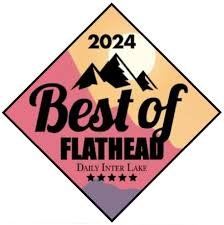 A colorful diamond-shaped logo for the 2024 Best of Flathead event, featuring mountains and a lake, with stars and text.