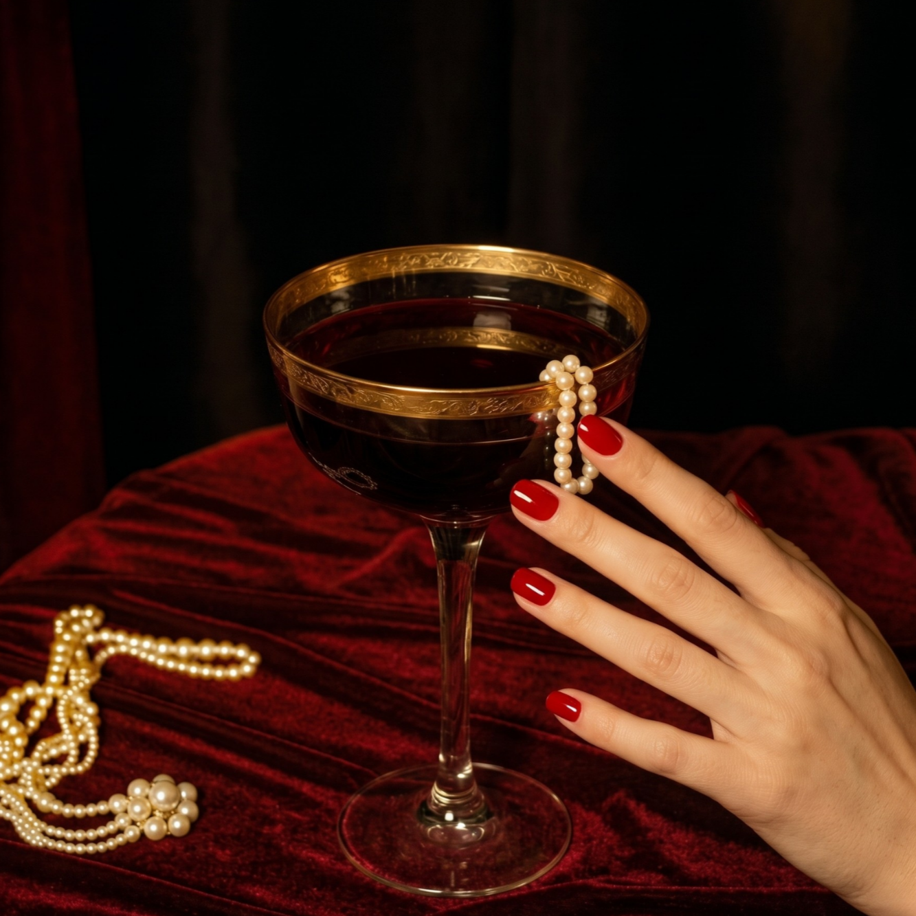 A hand with red nail polish holding a glass of red wine, decorated with a string of pearls hanging over the rim. There are more pearls on a red velvet surface in the background.