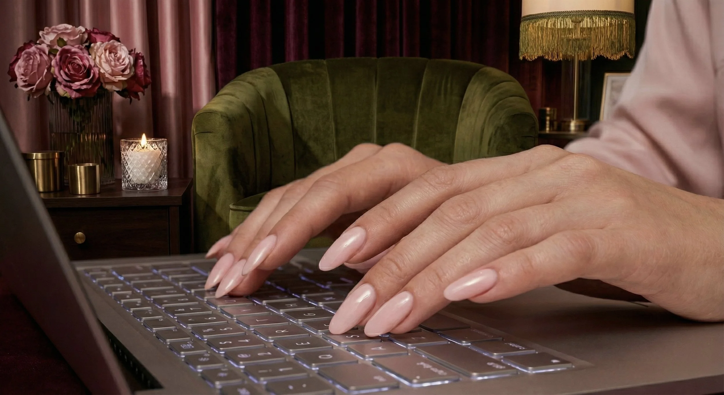 Person typing on a laptop with perfect pink nails, in a cozy room with a green velvet chair, pink and red roses in a vase, lit candle, gold-colored candles, and a lamp with fringe.