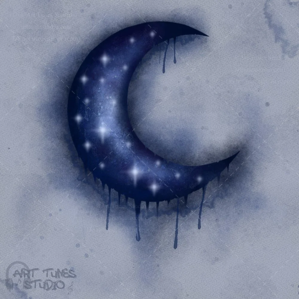 Watercolor dripping moon in shades of deep blue with cosmic swirls and stars inside.