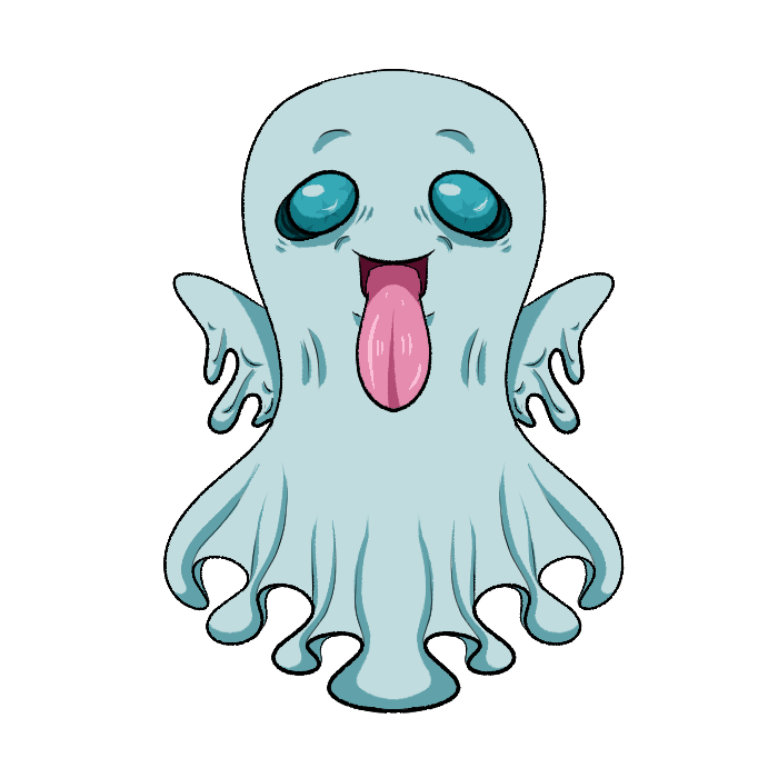 Handdrawn cartoon teal ghost sticking out its tongue and smiling.