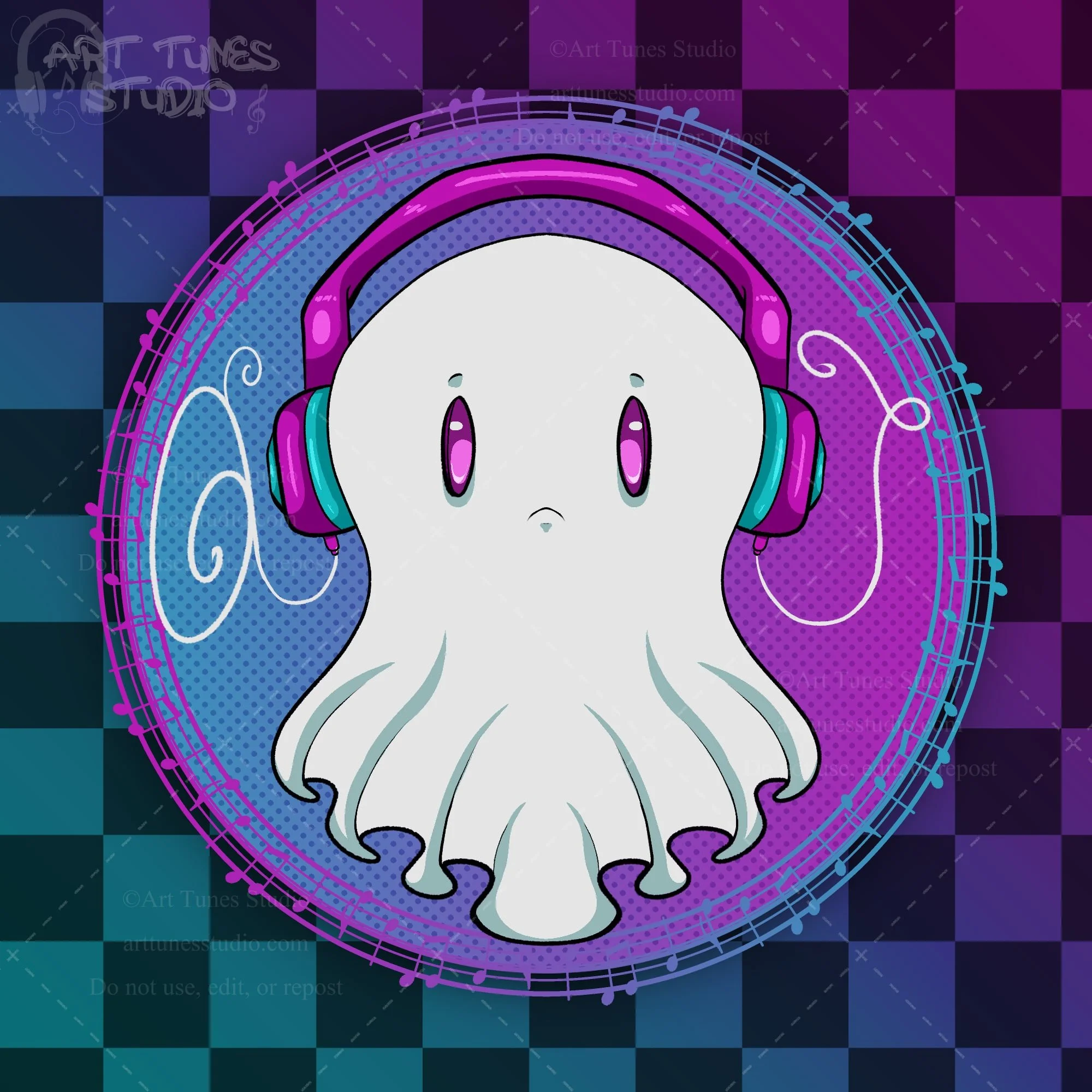 A cute cartoon ghost wearing purple and teal headphones, with a colorful, digital music-themed background.