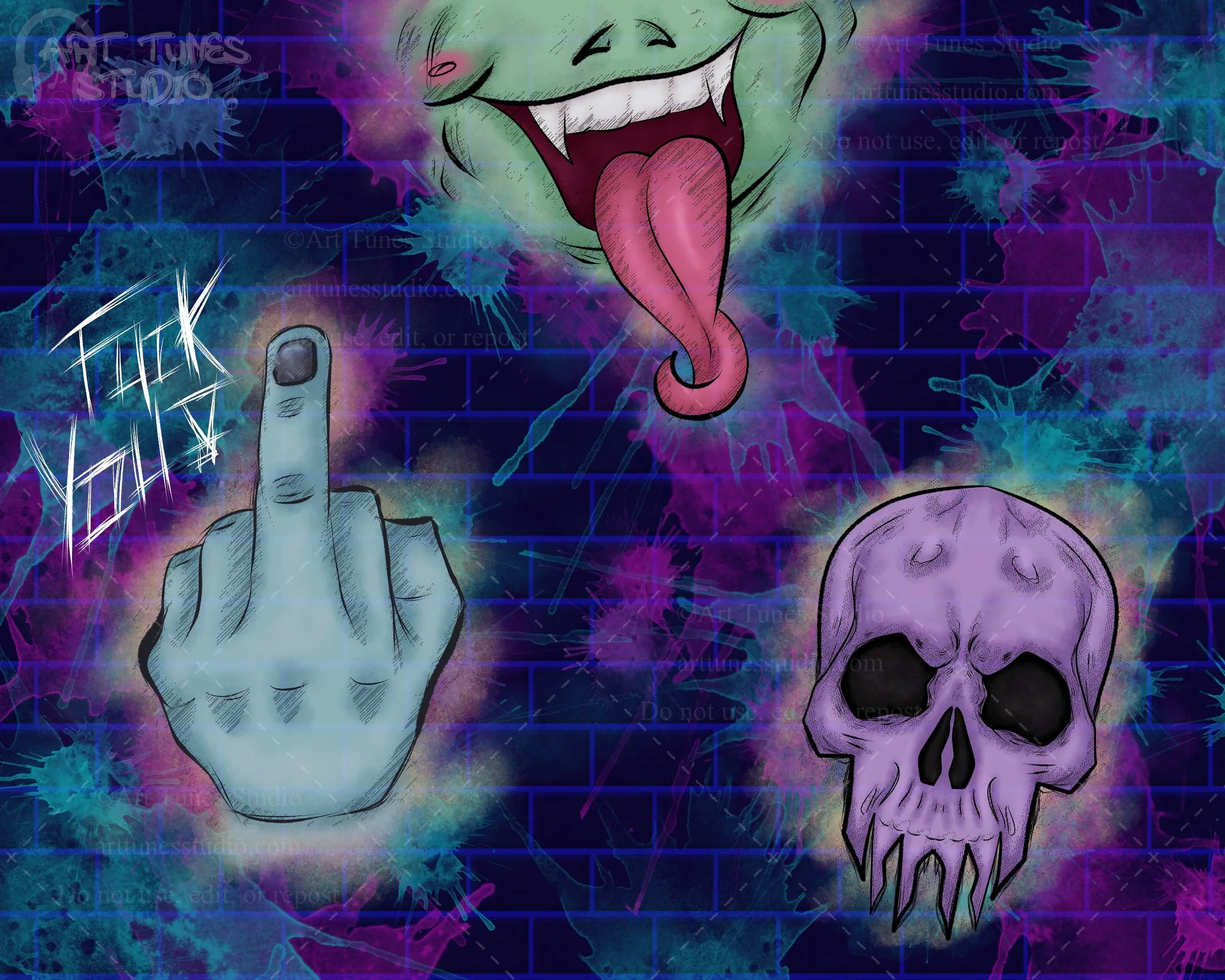 A colorful, graffiti-style artwork with a brick wall background featuring a cartoon green face with a long tongue, a purple skull, a blue hand showing the middle finger.