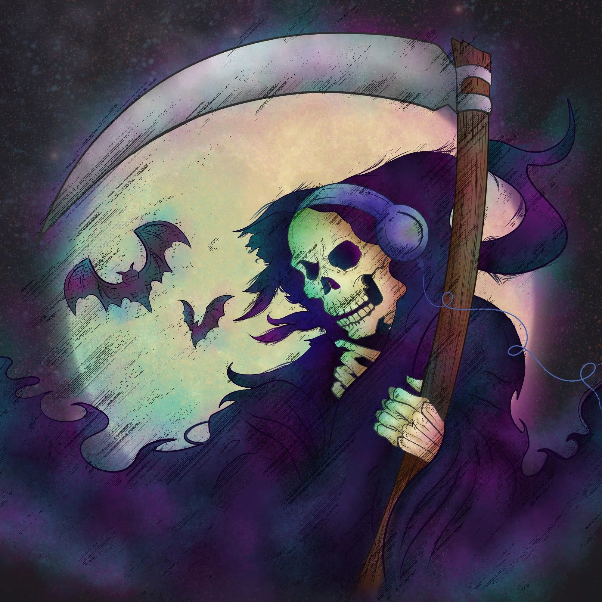 The Grim Reaper listening to some tunes through his headphones as bats fly around the full moon.