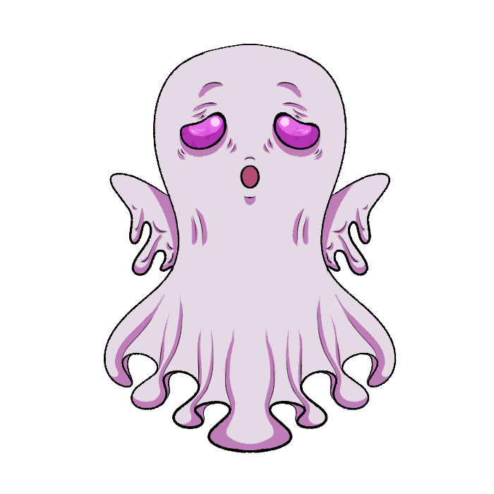 Handdrawn cartoon pink ghost with an open mouth