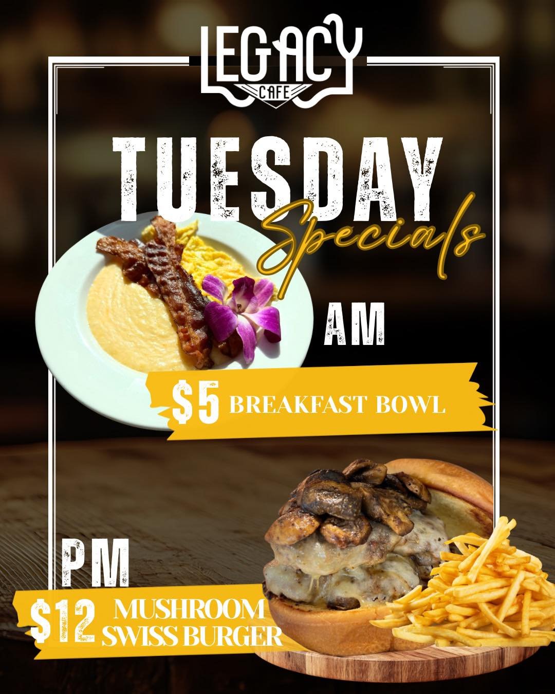 It&rsquo;s Tuesday Specials 👀🍽️
AM: $5 Breakfast Bowl
PM: $12 Mushroom Swiss Burger
Don&rsquo;t miss it!

 Hours:
Mon&ndash;Fri: 8AM&ndash;4PM
Sat&ndash;Sun: Closed until further notice

FEEDING HEARTS. BUILDING COMMUNITY. ONE PLATE AT A TIME. 💛


