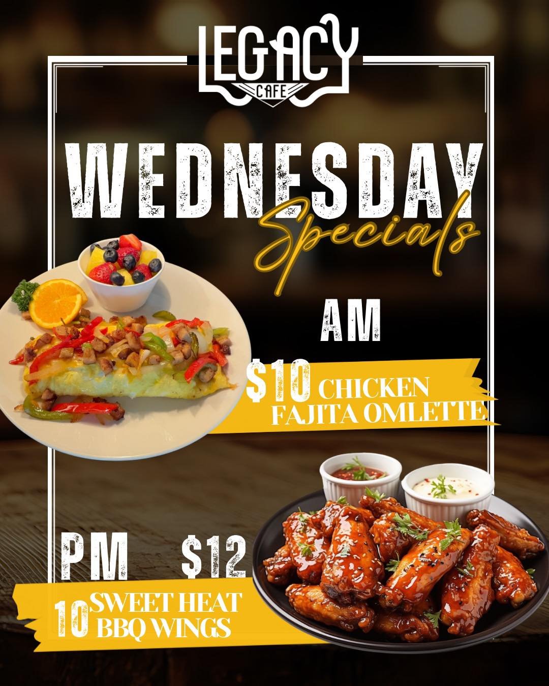 Breakfast to wings &mdash; Wednesday done right 😌Midweek cravings? We got you 😋

Start your morning with our Chicken Fajita Omelette, then come back for Sweet Heat BBQ Wings in the afternoon

⏰ Hours:
Mon&ndash;Fri: 8AM&ndash;4PM
Sat&ndash;Sun: Clo