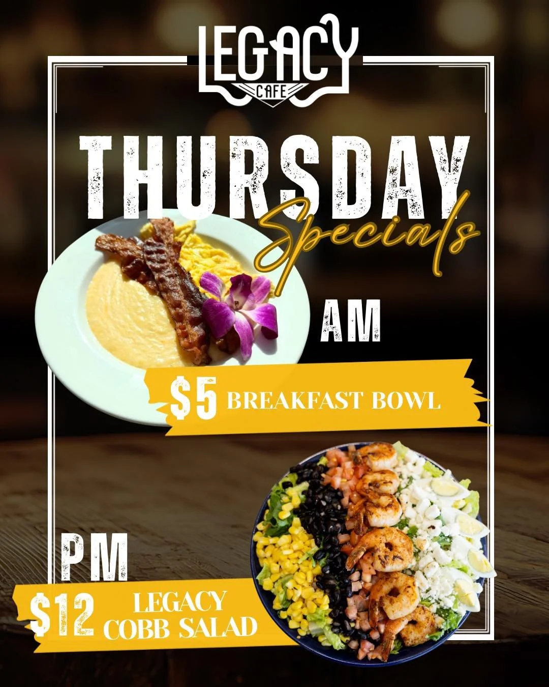 Good food, great deals, all day Thursday - Whether it&rsquo;s breakfast or lunch, our Thursday Specials are here to keep you happy and full.

AM: $5 Breakfast Bowl
PM: $12 Legacy Cobb Salad

Mon&ndash;Fri: 8AM&ndash;4PM
Sat&ndash;Sun: Closed until fu