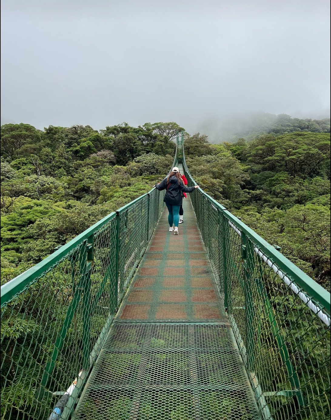 People walking across a long suspension bridge over lush green forest with foggy sky in the background.