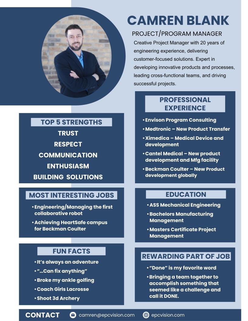 Business card of Camren Blank, project/program manager with 20 years of engineering experience. Contains a photo of Camren, professional summary, top strengths, professional experience, education, most interesting jobs, fun facts, and contact info.