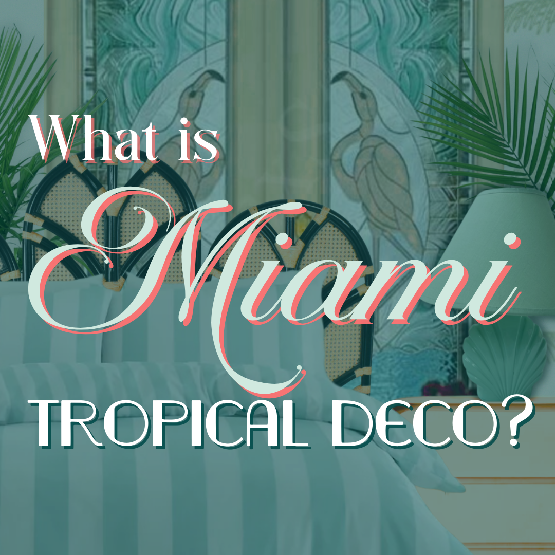 Decorative tropical-themed bedroom with rattan chairs, tropical artwork, and lush greenery, featuring a pastel color palette.