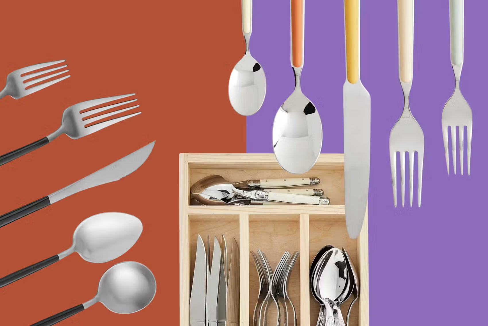 A display of various cutlery including forks, knives, and spoons, with some hanging and others arranged in a wooden box, separated by a purple and orange background.