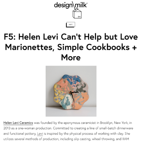 Podcast episode cover titled "F5: Helen Levi Can't Help but Love Marionettes, Simple Cookbooks + More" featuring a ceramic plate with abstract colorful glaze, text overlay, and minimal graphics.