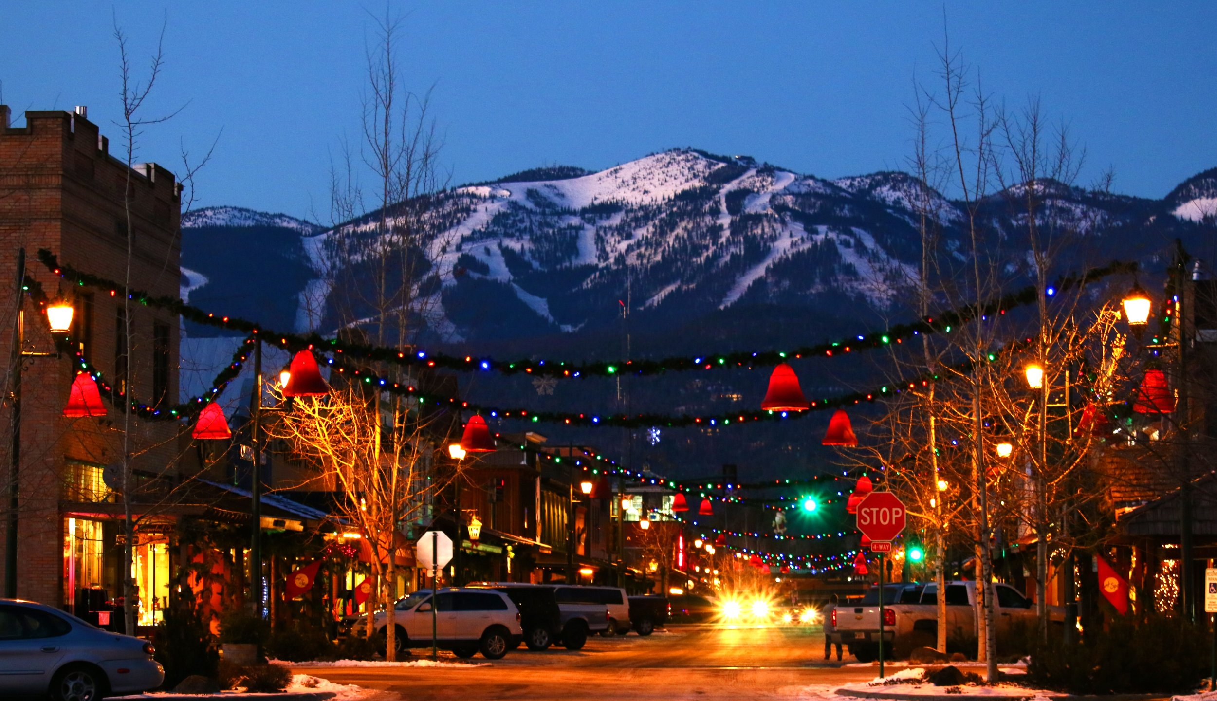 Downtown Whitefish, Montana on a winter evening.