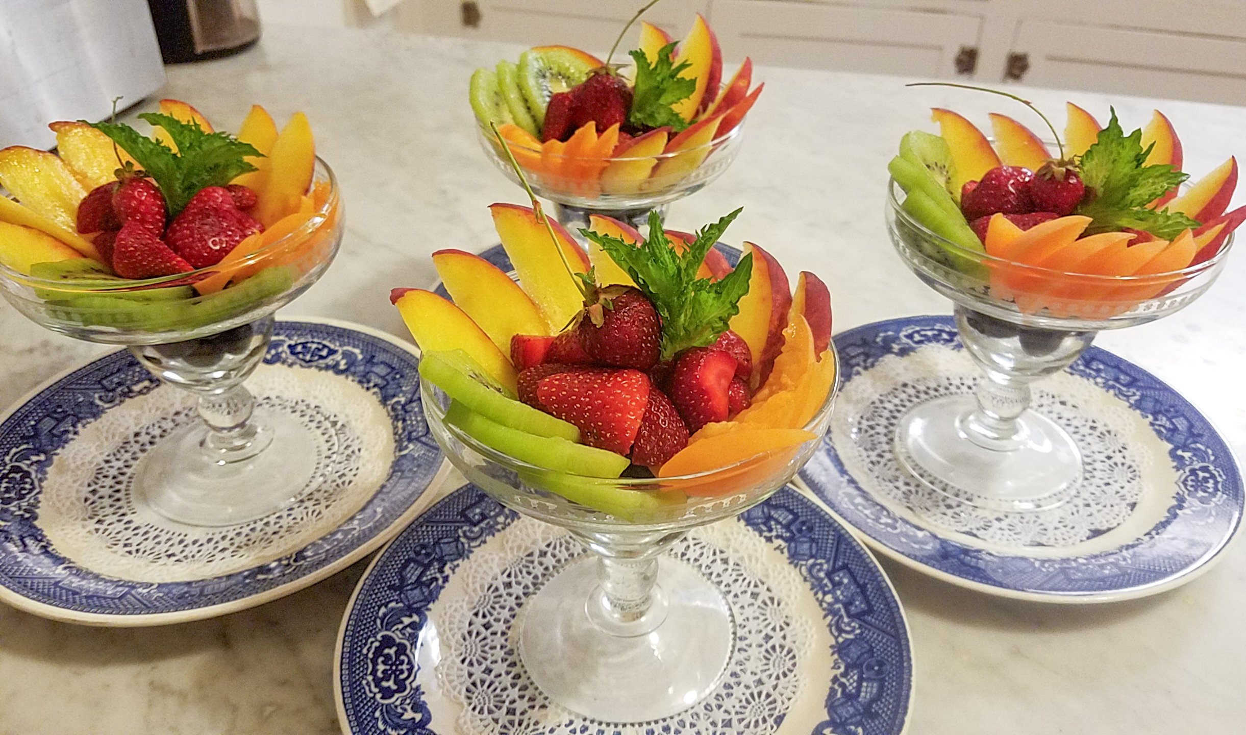 A beautifully arranged fresh fruit course is a part of every gourmet breakfast.