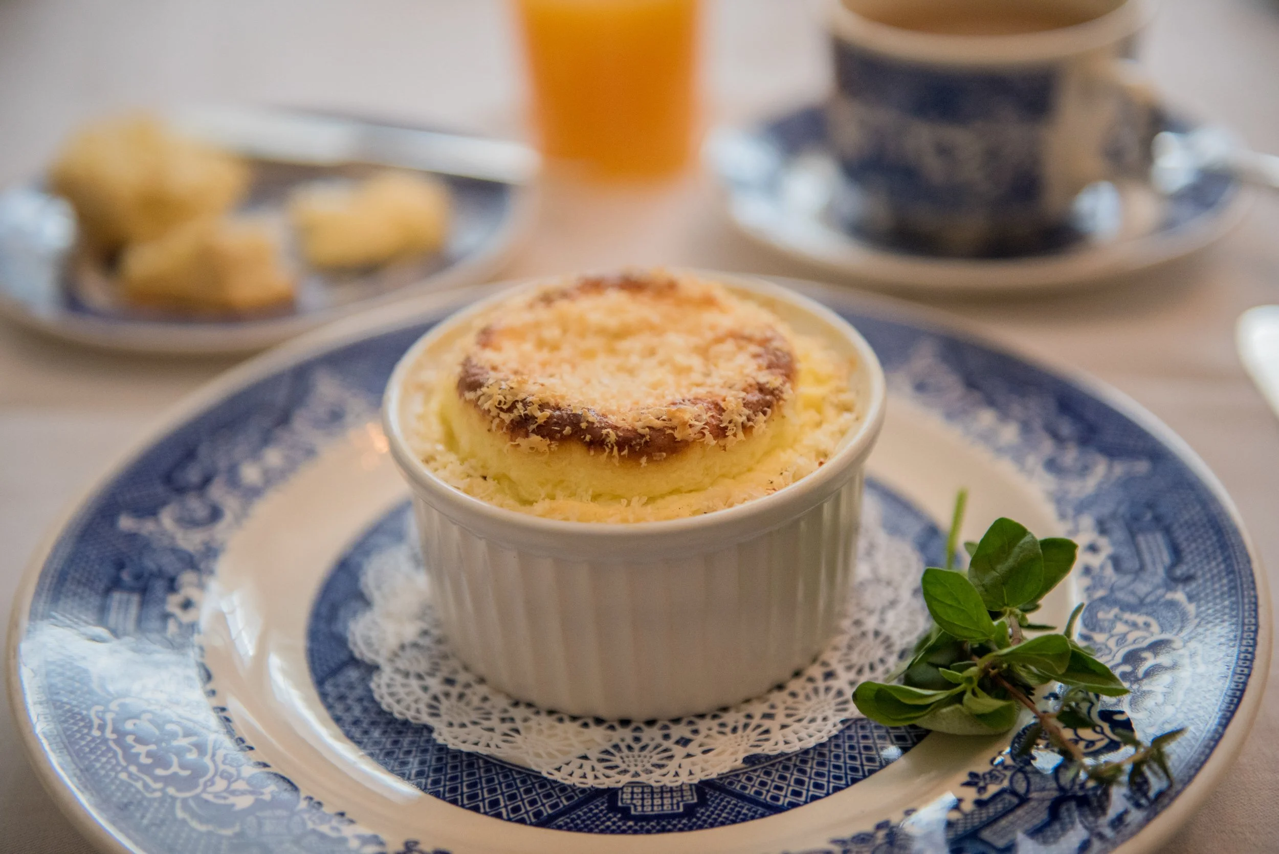 Classic souffle garnished with herbs from the garden at Garden Wall Inn.