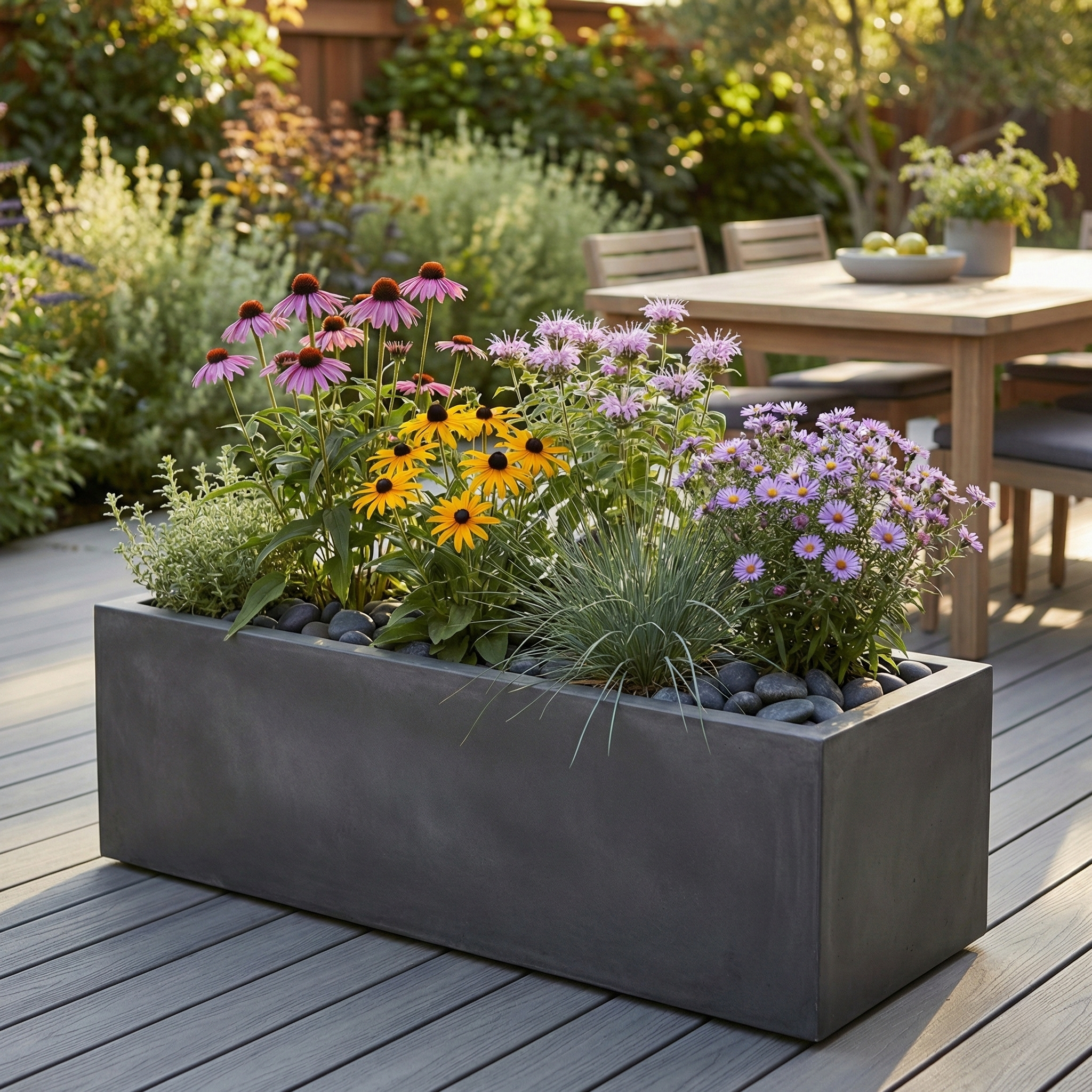 Modern metal container garden with pollinator plants