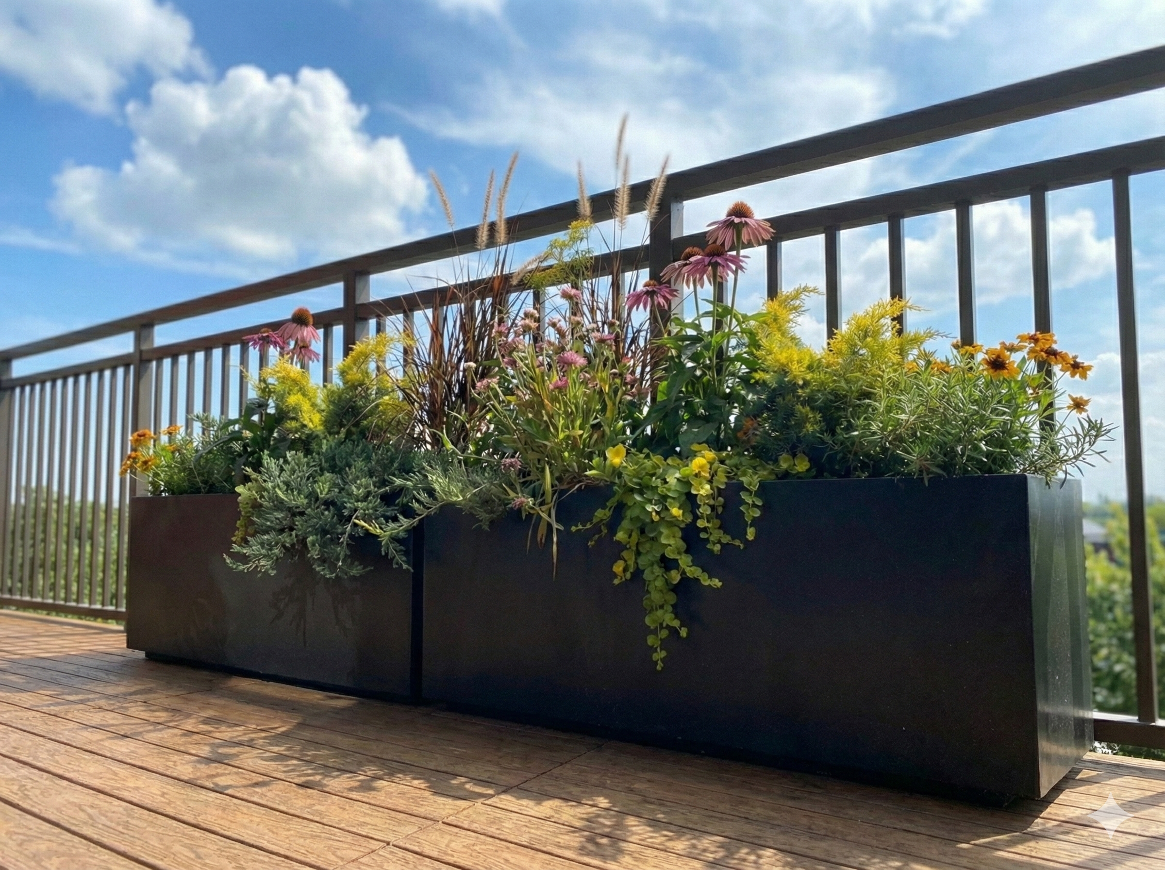 grey metal planting containers with pollinator plants