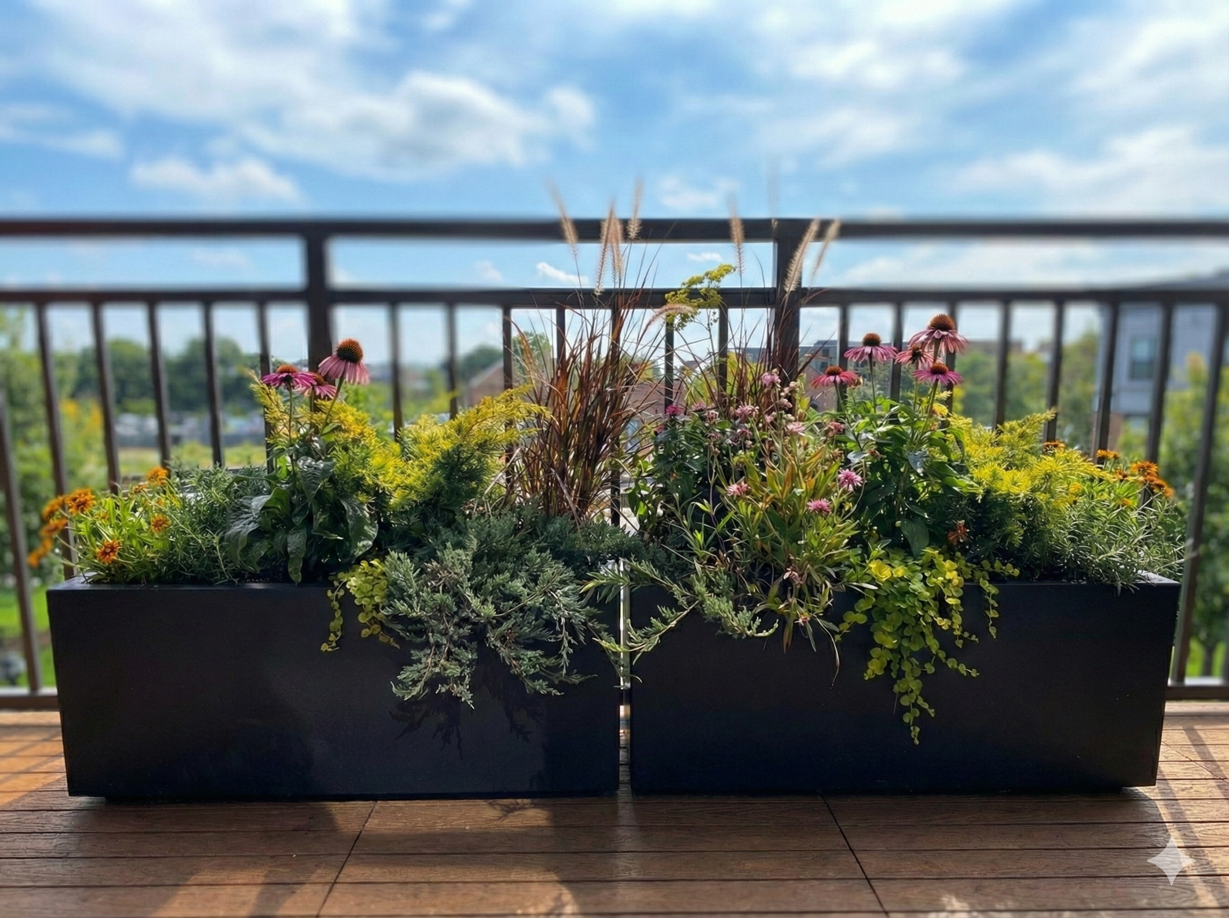 grey metal planting containers with pollinator plants
