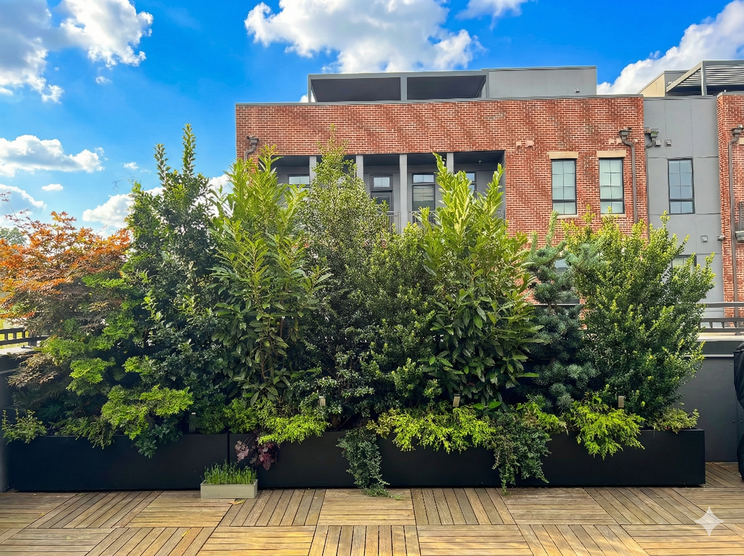 Evergreens planted on wooden terrace