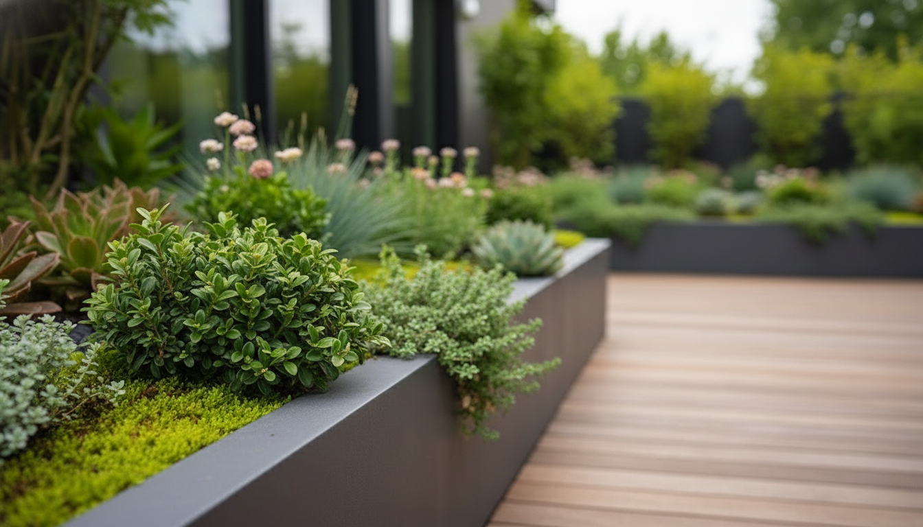 Modern metal planter with evergreens on terrace