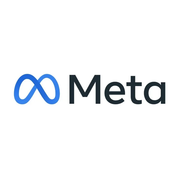 Logo de Meta avec l'icône bleue et le mot 'Meta' en noir.