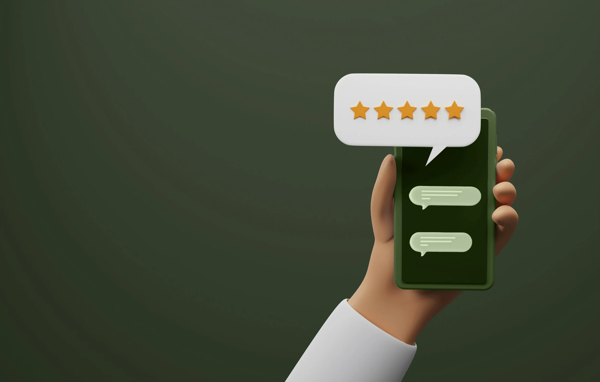 A hand holding a green smartphone with a chat conversation on the screen. A speech bubble above the phone displays five orange stars representing a five-star rating.