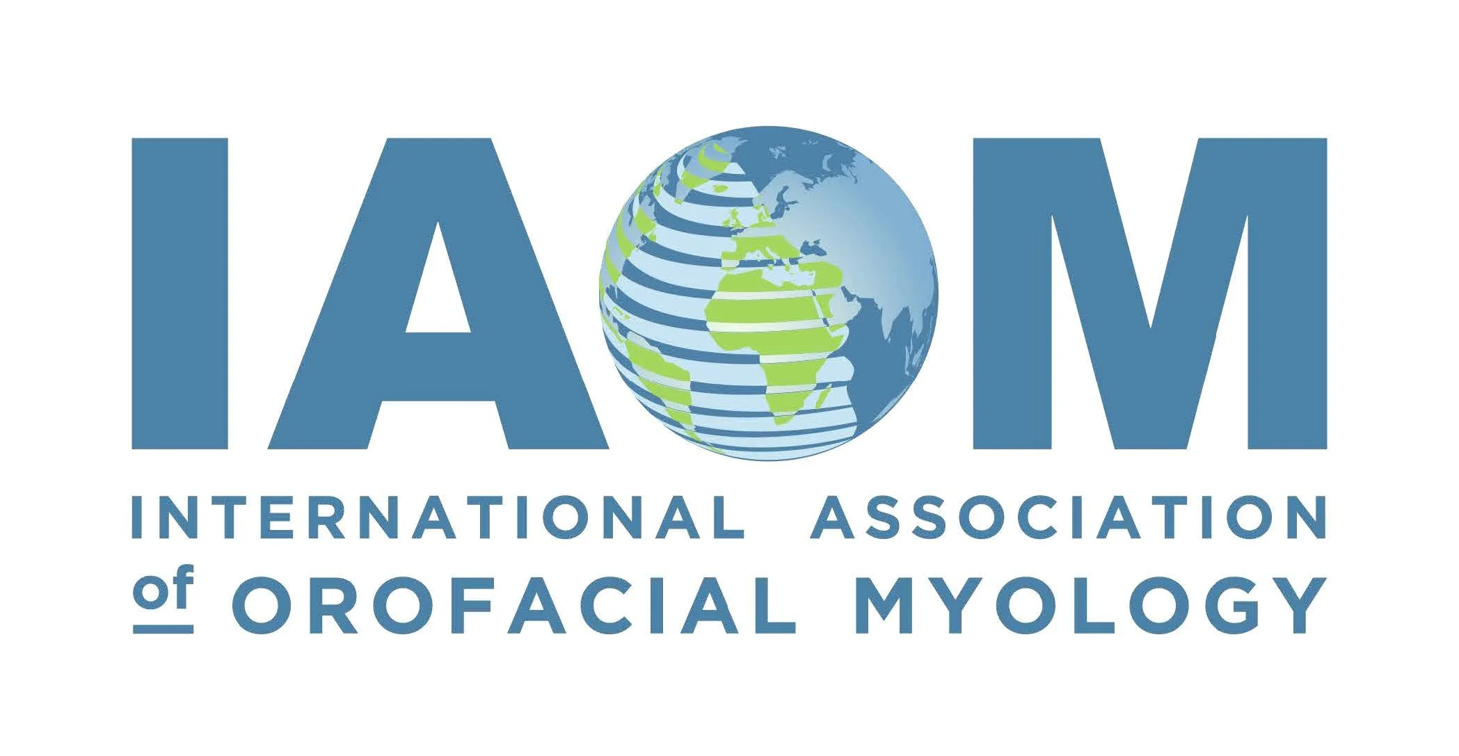 Logo of the International Association of Orofacial Myology, featuring the acronym I A O M in large blue letters with a globe symbol replacing the letter O, and the full organization name underneath.