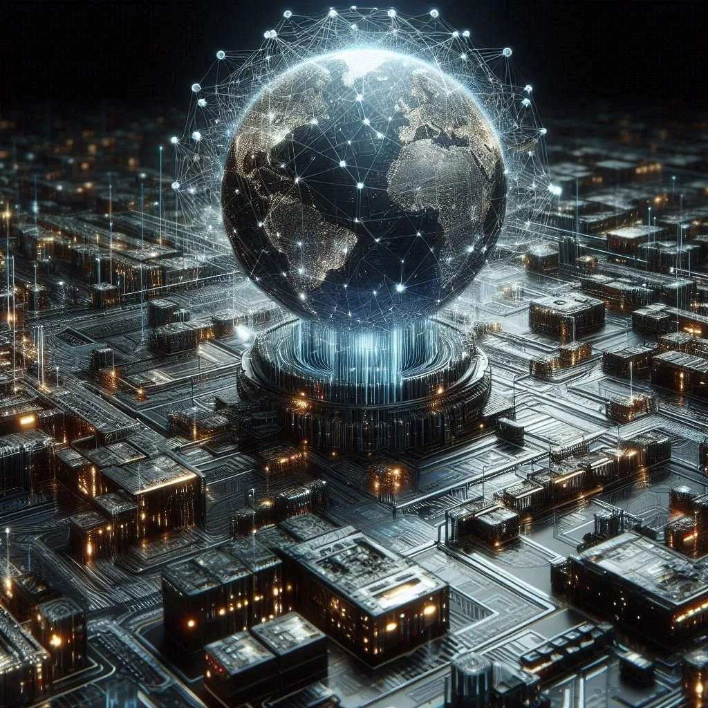 Futuristic digital globe with cityscape and network connections, glowing lights and interconnected data points.