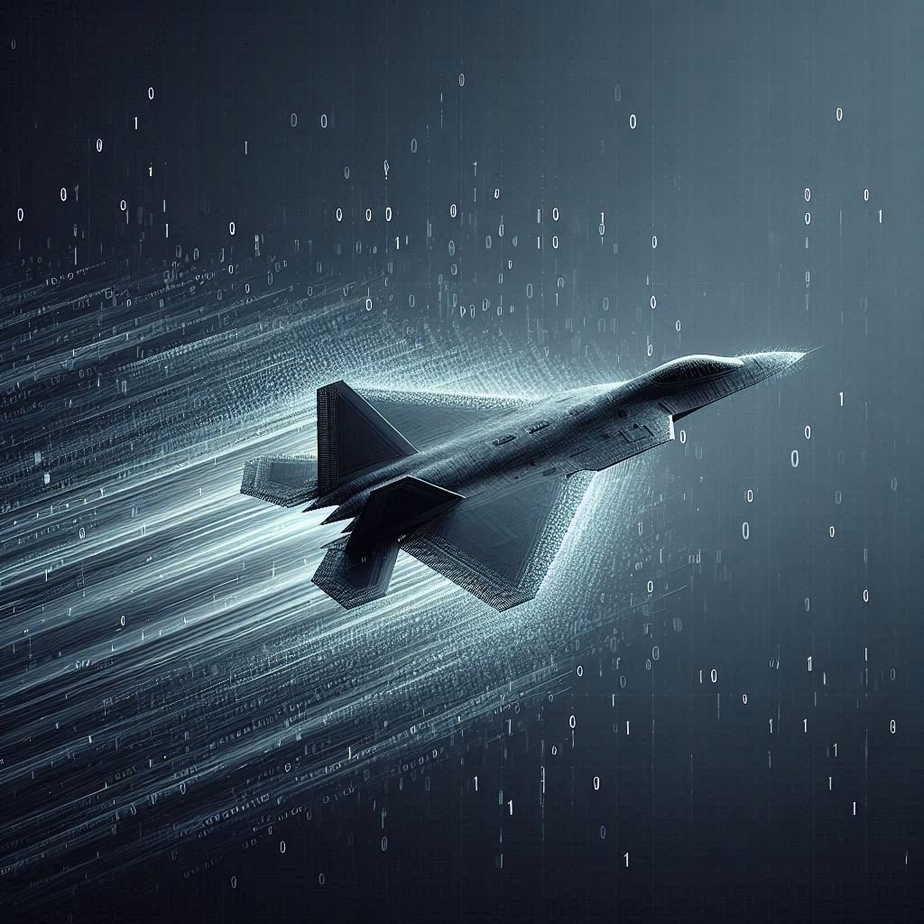 Futuristic digital rendering of a stealth fighter jet flying through a digital landscape with binary code and light trails.