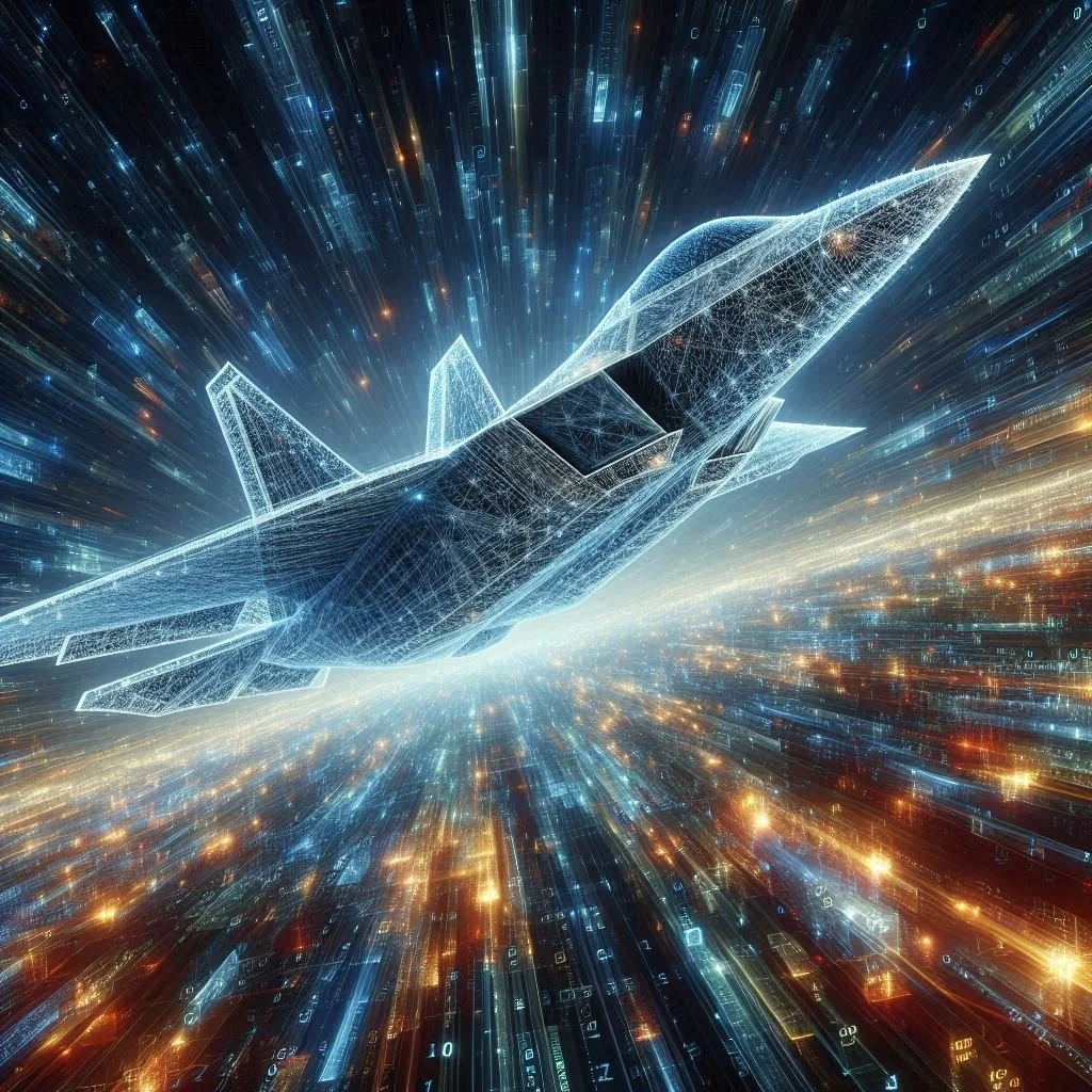 Digital wireframe of a fighter jet in a futuristic space scene with bright streaks of light and data streams.