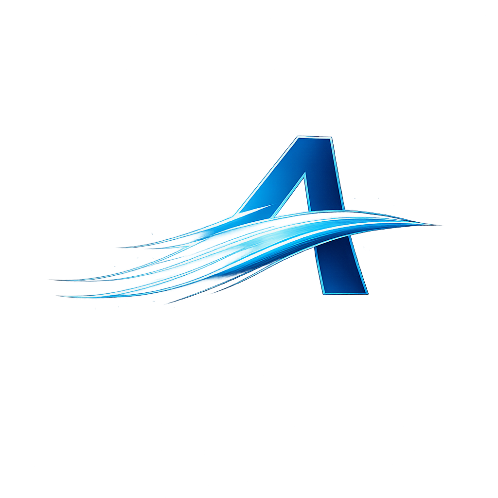 Digital futuristic blue logo with stylized letter 'A' and glowing lines extending to the left.