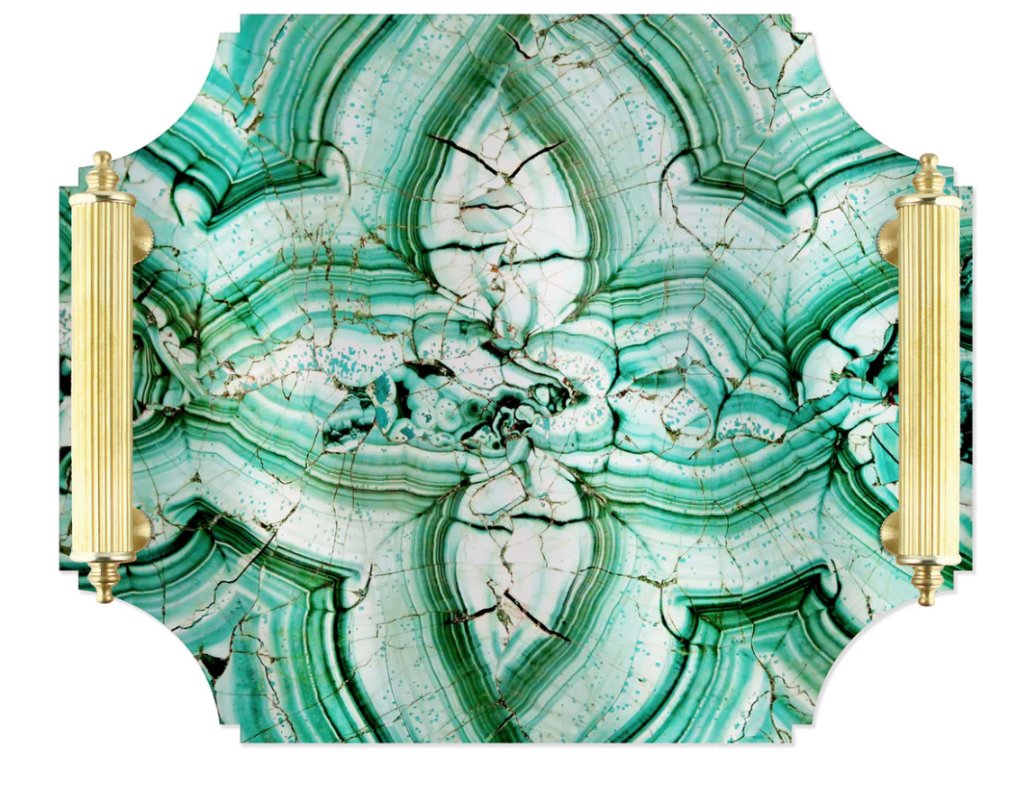 Acrylic tray with Brass Handles - Green Malachite
