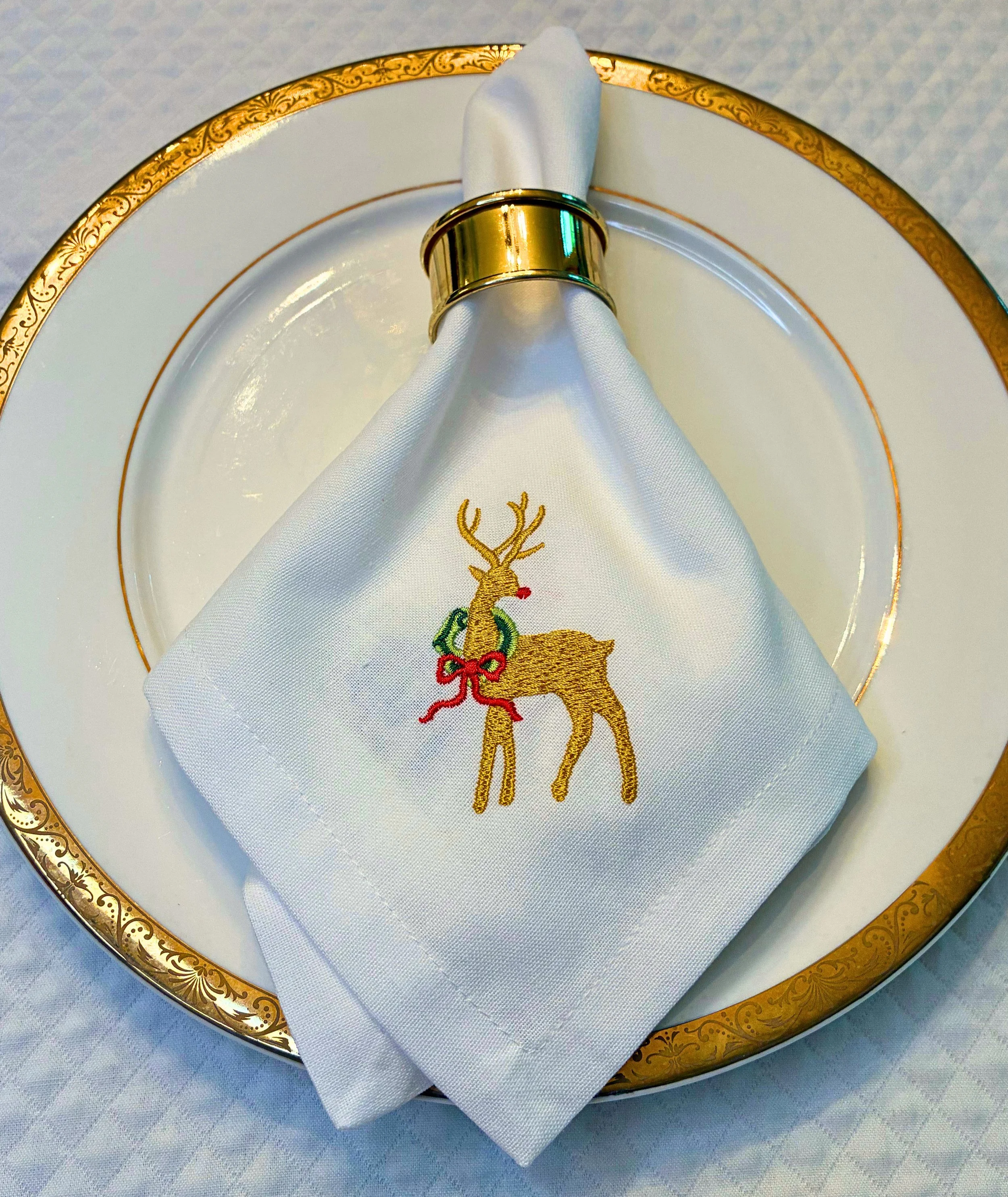 Holiday Reindeer Embroidered Linen and Cotton Dinner Napkins