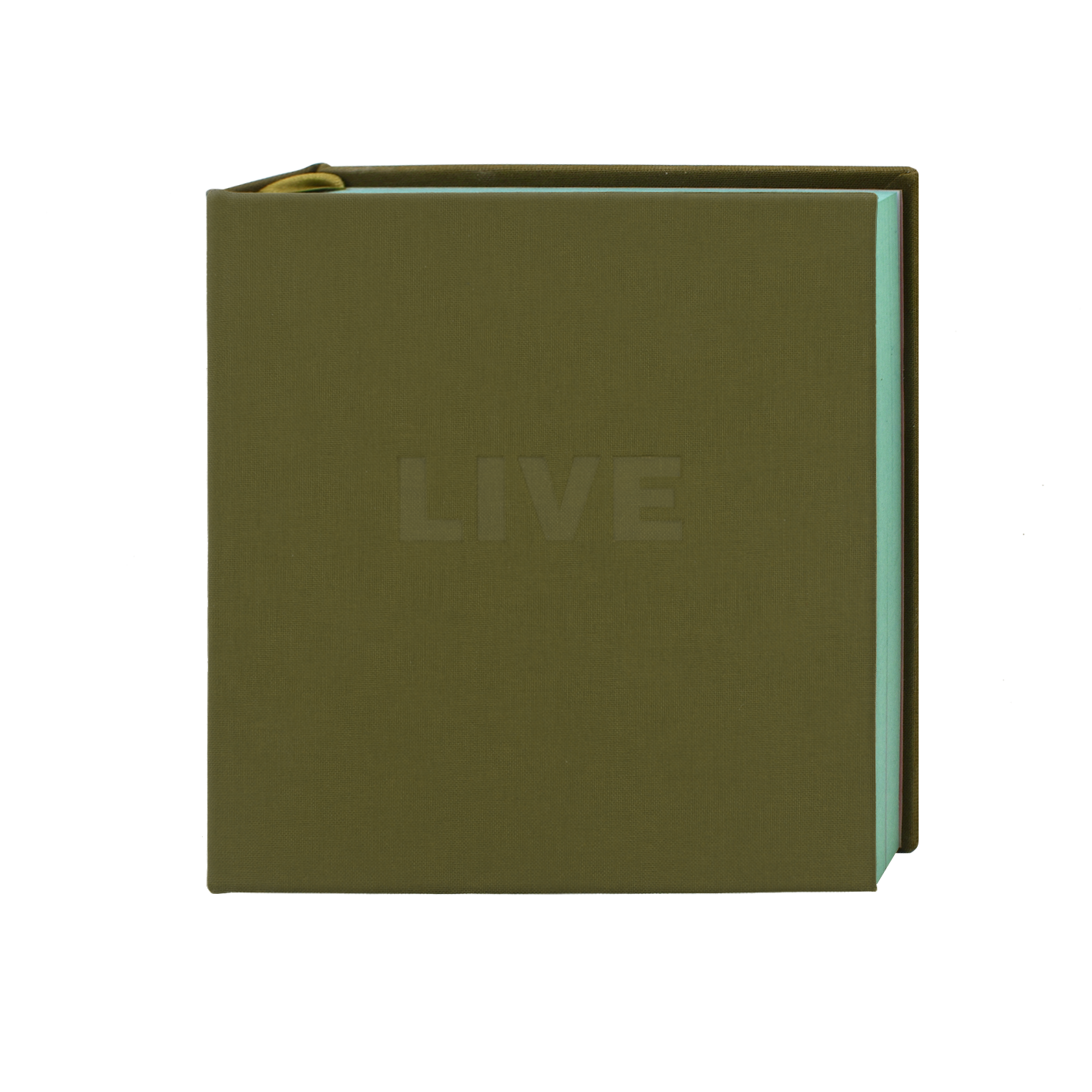 An army green notebook embossed with the word "live". 