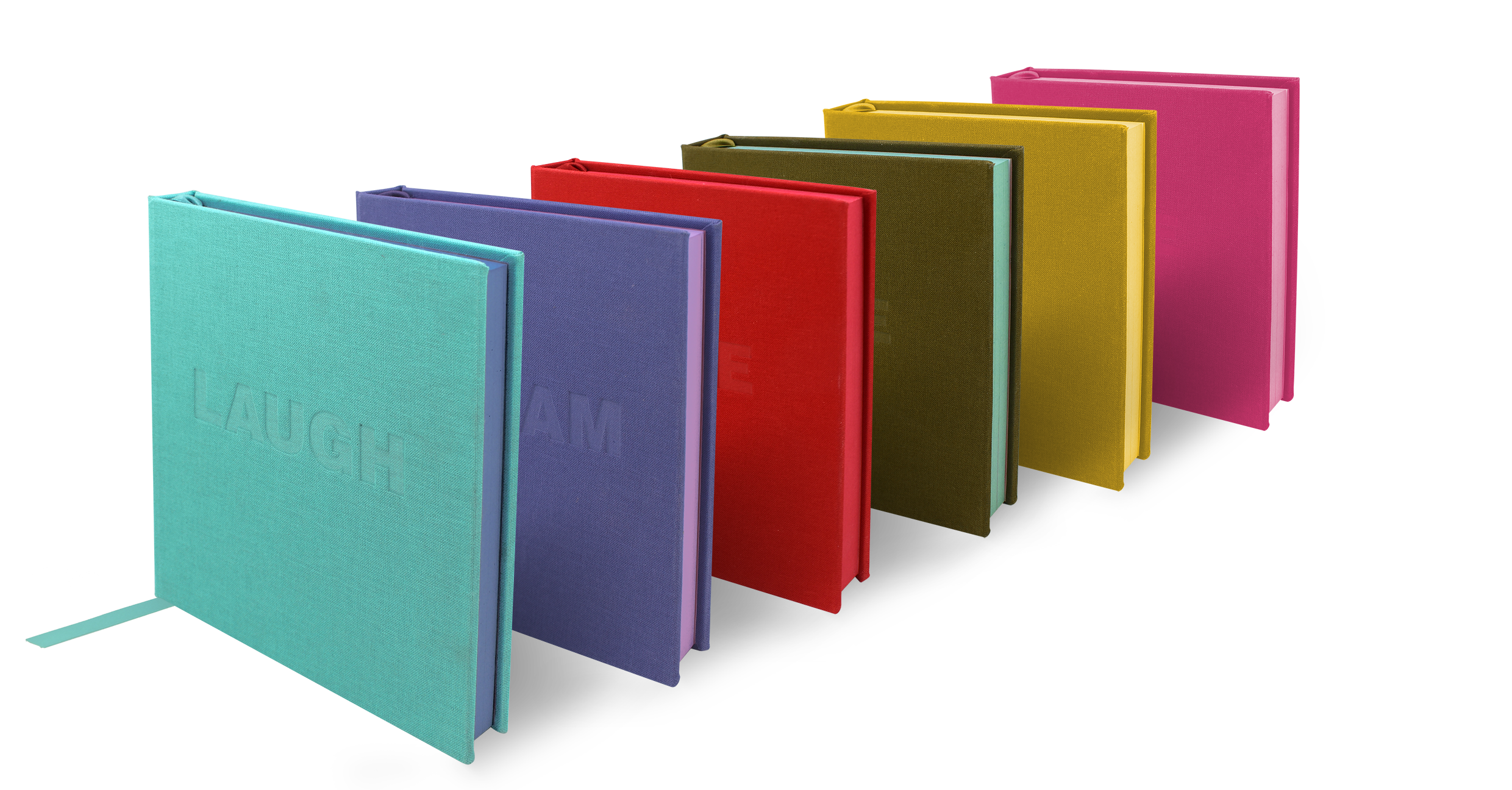 A row of six colorful notebooks with different words embossed on the cover standing up right. 