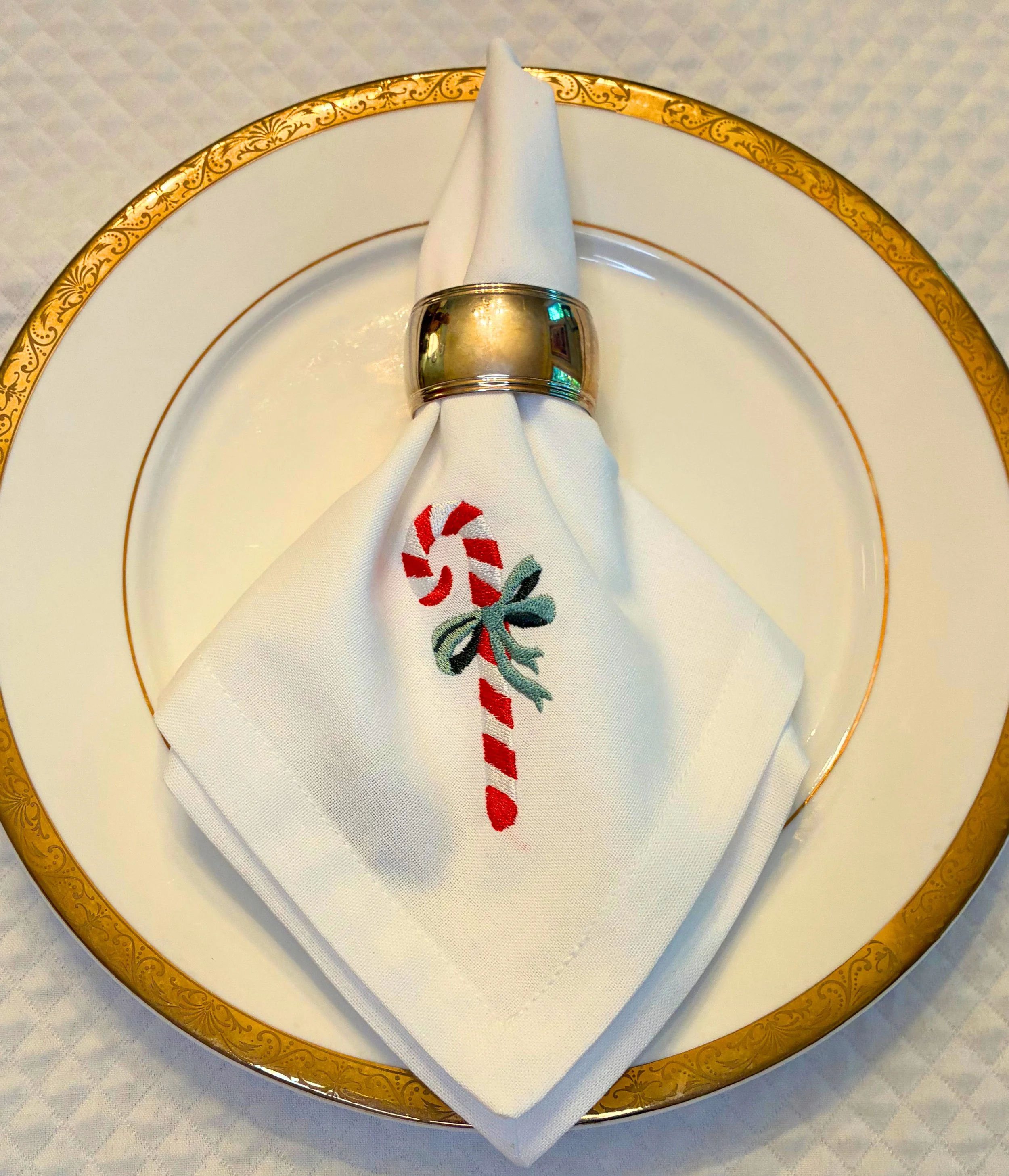 Holiday Candy Cane Embroidered Linen and Cotton Dinner Napkins