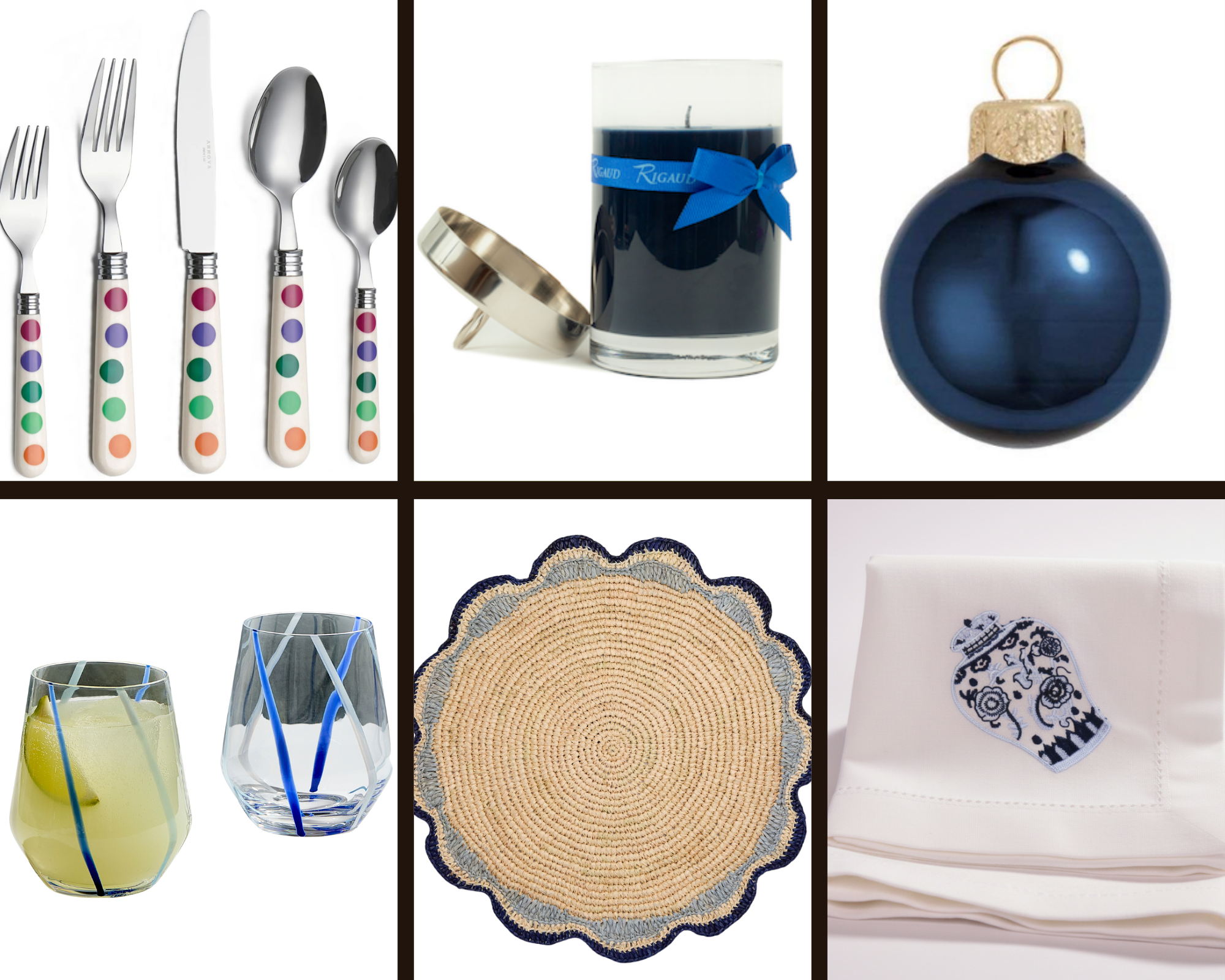 Collection of tableware and decor items including utensils with polka-dot handles, glass candle with a blue ribbon, a dark blue ornament, a woven placemat, glassware, a decorative Chinoiserie napkin, and a paper with a hen illustration.