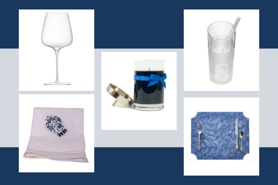 A collage of five images featuring dining and drinkware. The top left shows an empty wine glass, the top right shows a glass of water with a straw, the bottom left shows a folded napkin with a decorative pattern, the bottom right shows a blue placemat with a fork and knife, and the center shows a jar of jam with a lid and a ribbon.