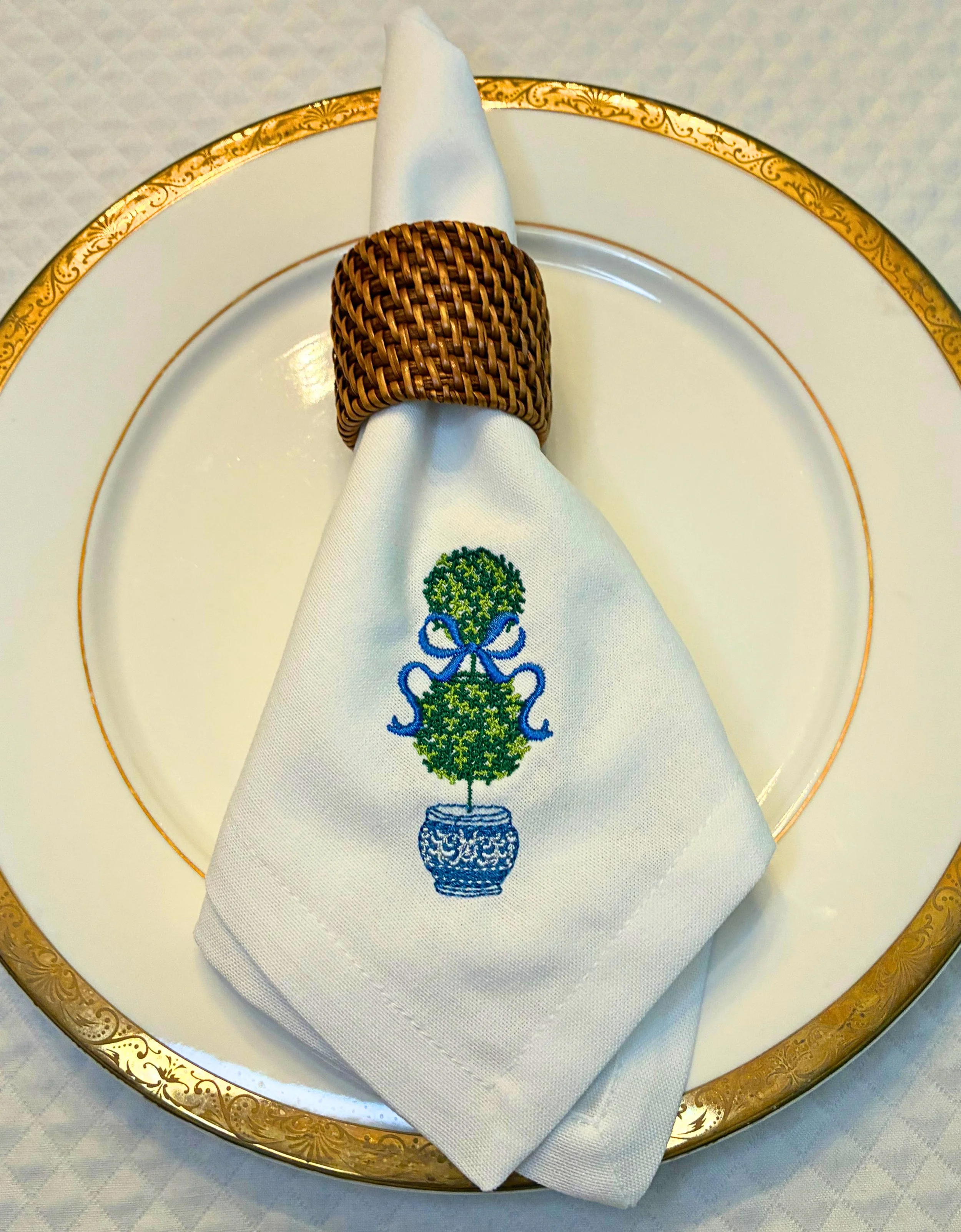 Chinoiserie Topiary Tree Embroidered Linen and Cotton Dinner Napkins
