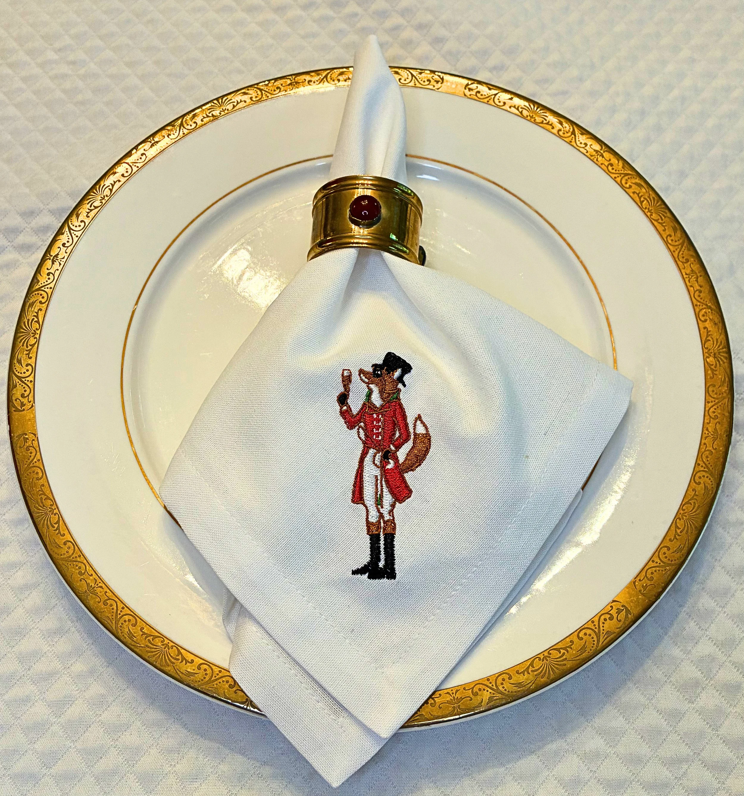 Fancy Fox Embroidered Linen and Cotton Dinner Napkin