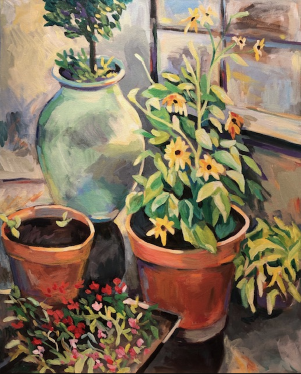 Karen Danenberger, Gardening In Pots, acrylic on canvas, 30x24, unframed, gallery wrapped, $900.00. Email: kdanenberger@yahoo.com